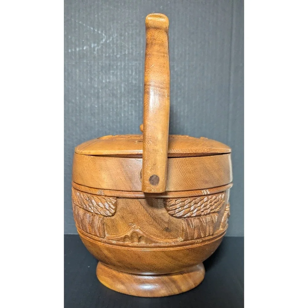 Vintage Hand Carved Teak‎ Wood Bucket With Handle Rural Farming Scene